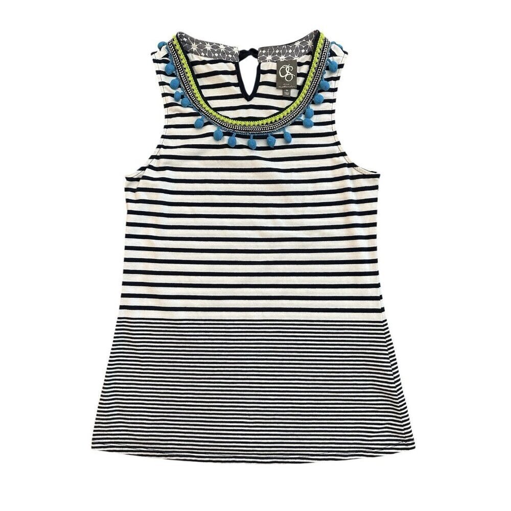 Anthropologie One September Pom Pom Striped Tank Top Size Medium embroidered